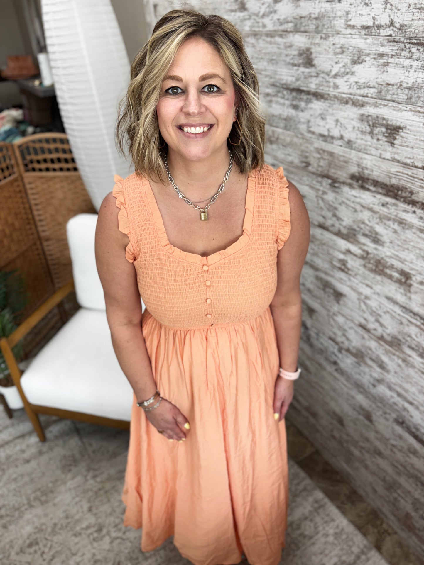 Peach Smocked Midi Dress
