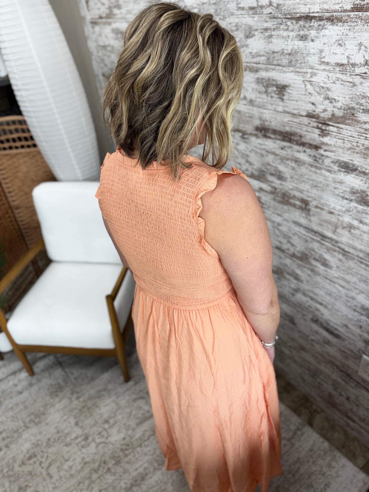 Peach Smocked Midi Dress