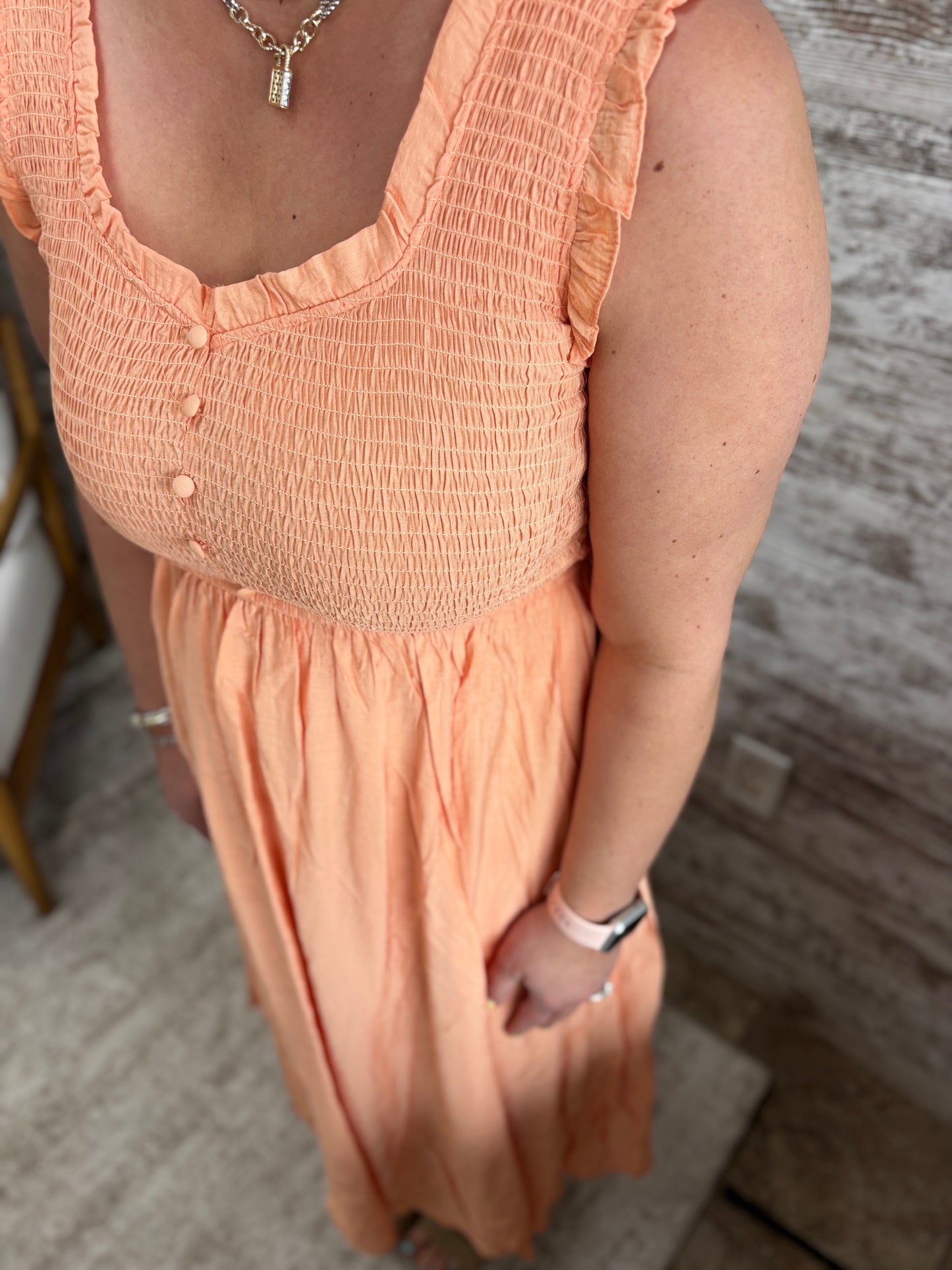 Peach Smocked Midi Dress