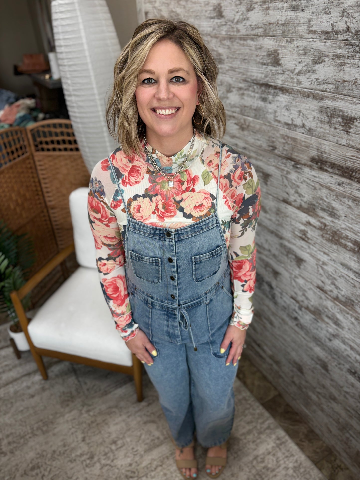 Cream and Coral Floral Lined Mesh Top