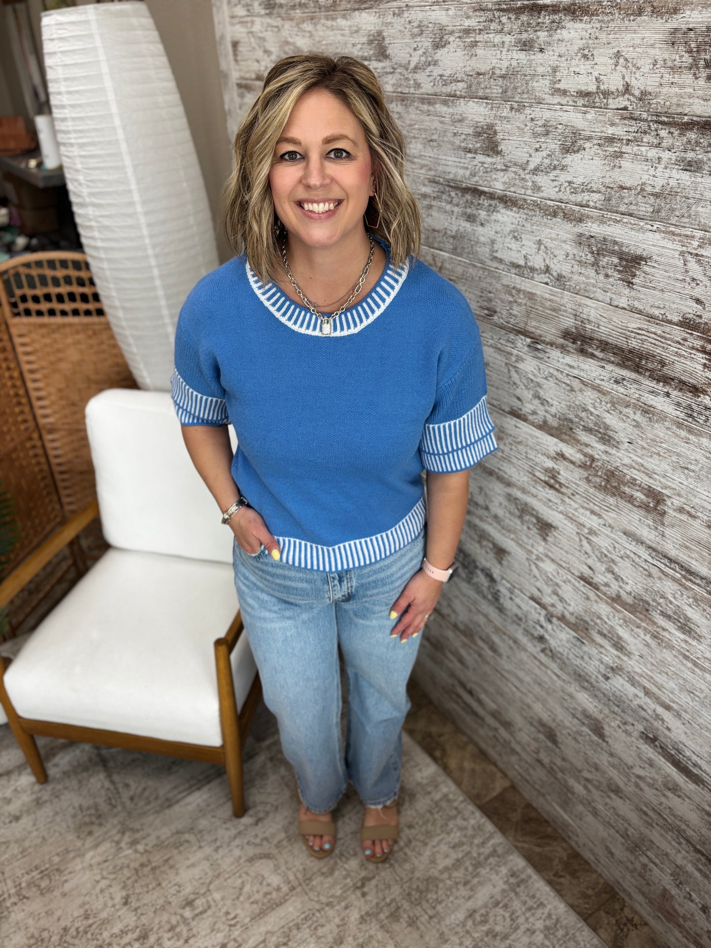 Blue Double Sleeve Knit Top