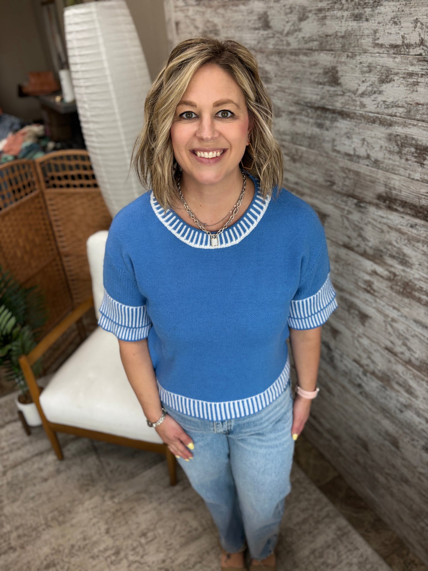 Blue Double Sleeve Knit Top