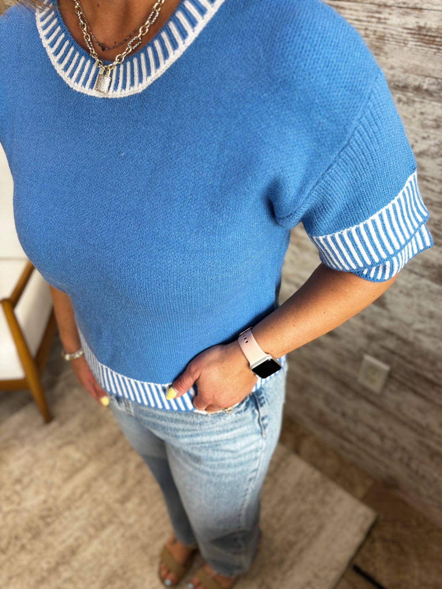 Blue Double Sleeve Knit Top