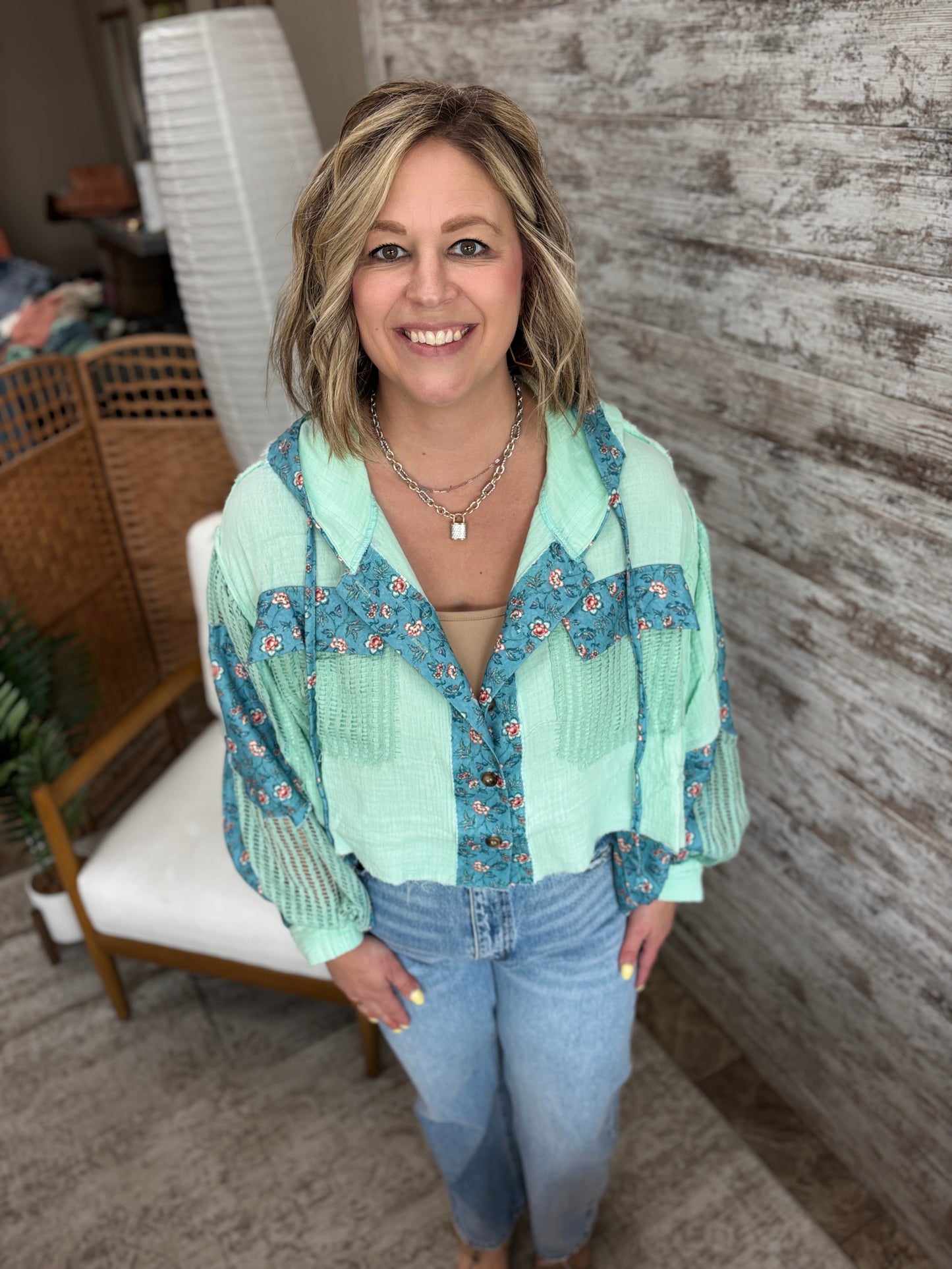 Pale Mint Gauze and Floral Cropped Button Down