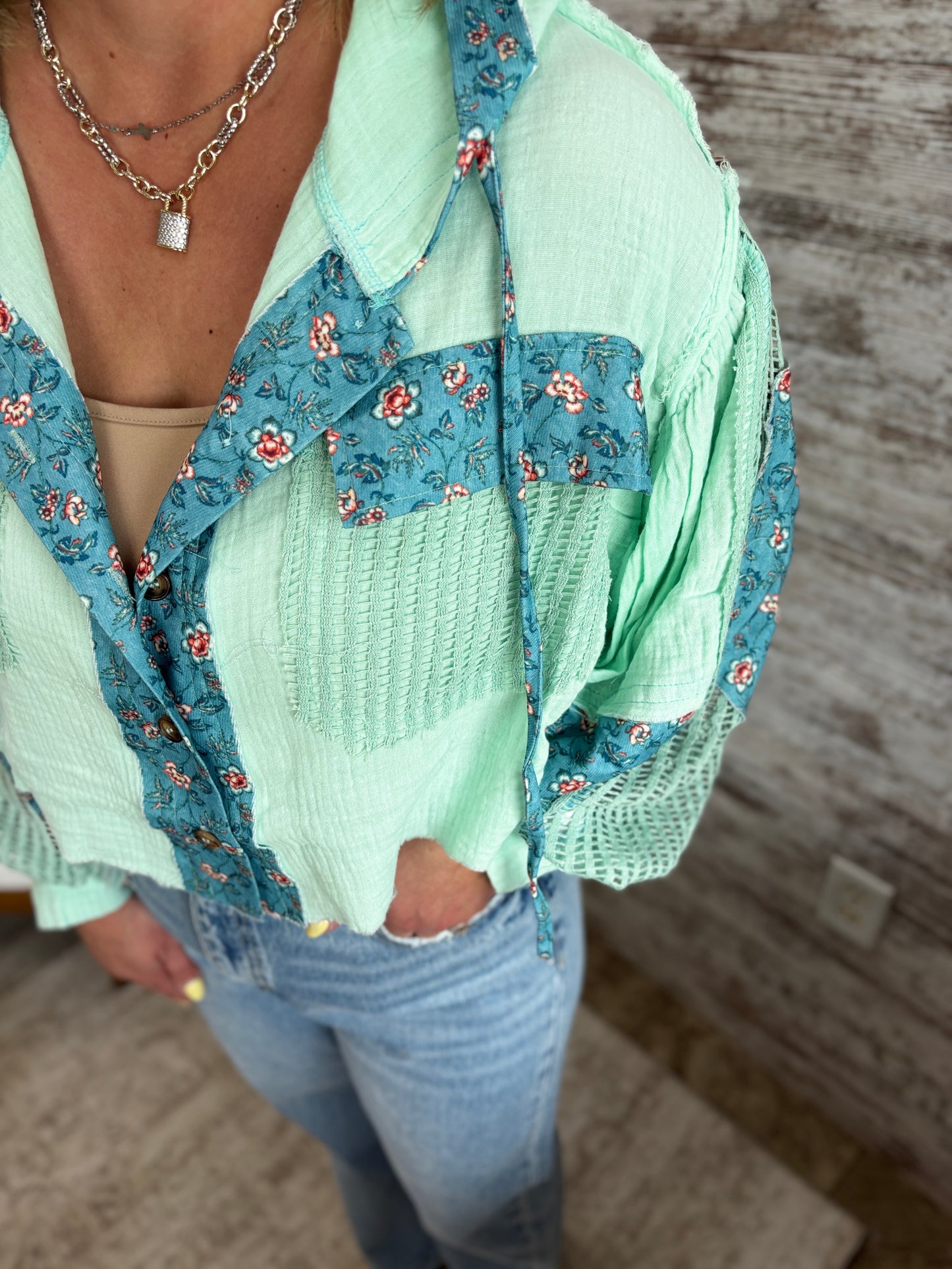 Pale Mint Gauze and Floral Cropped Button Down