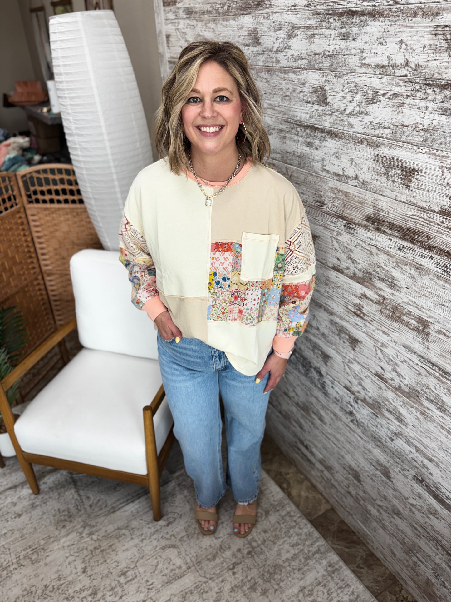 Natural Floral Patchwork Terry Top