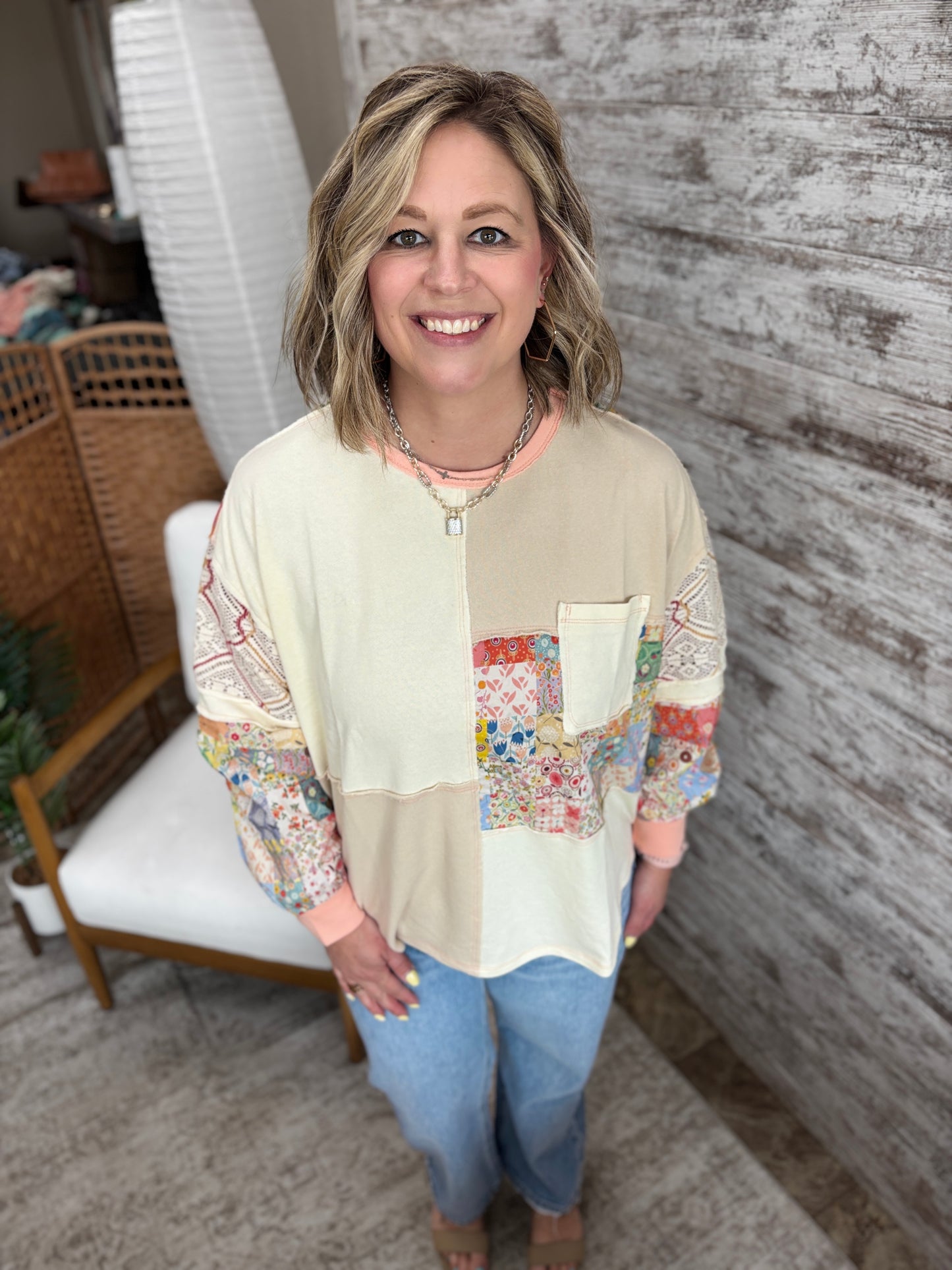 Natural Floral Patchwork Terry Top