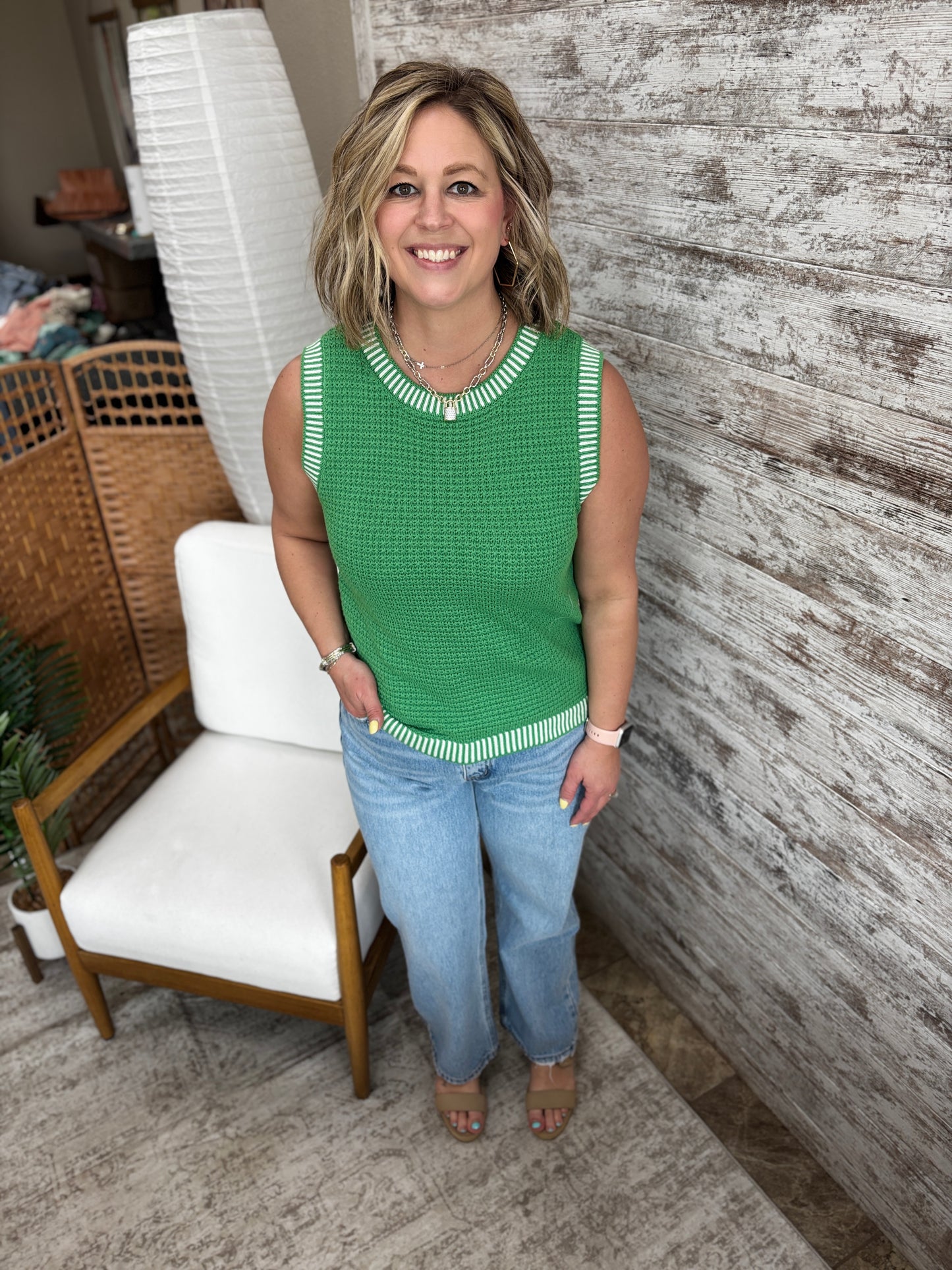 Green Waffle Knit Sweater Tank