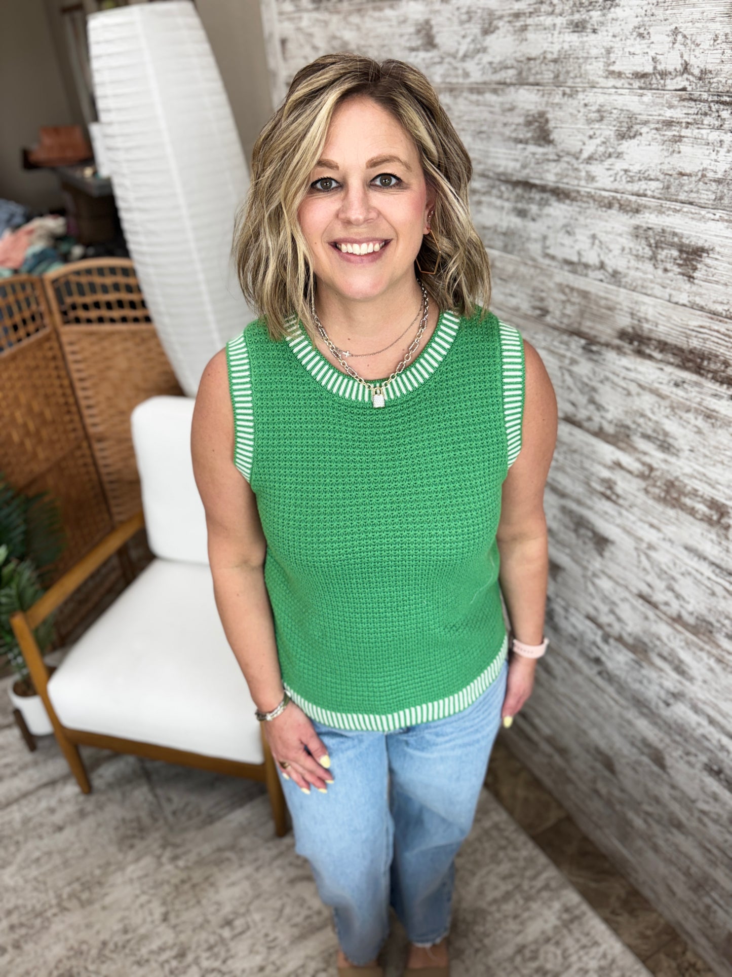Green Waffle Knit Sweater Tank