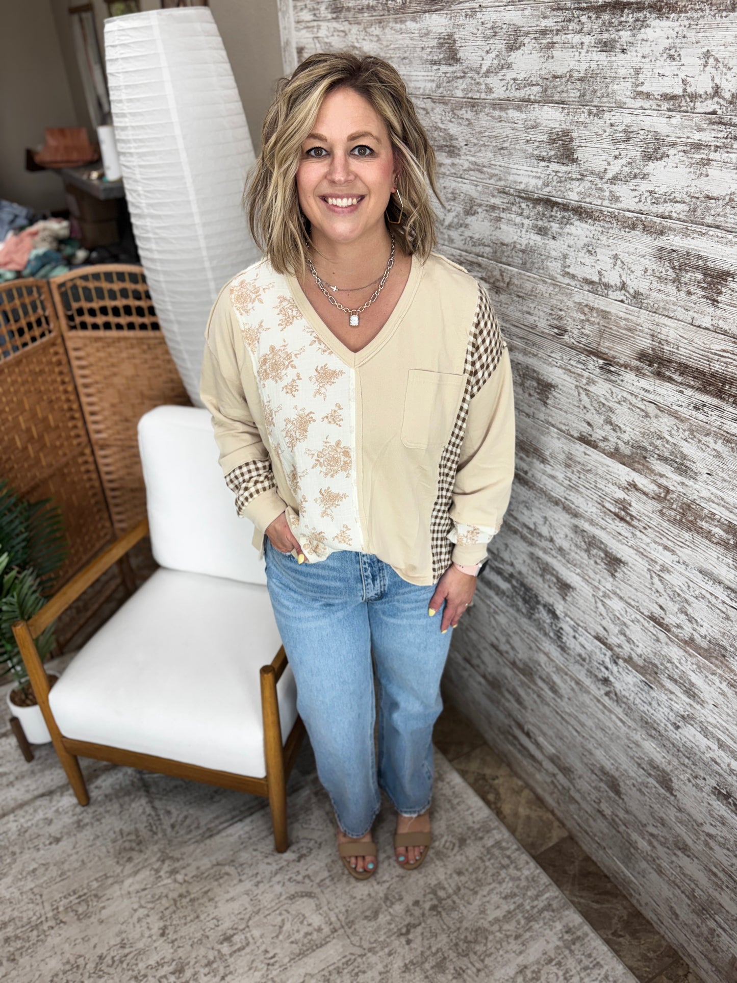 Natural Floral and Checker Mix Long Sleeve