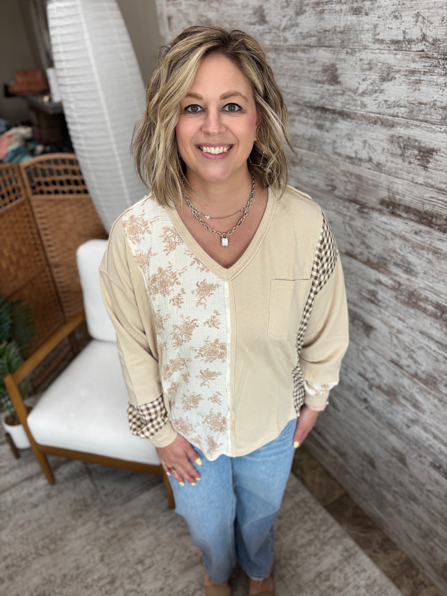 Natural Floral and Checker Mix Long Sleeve