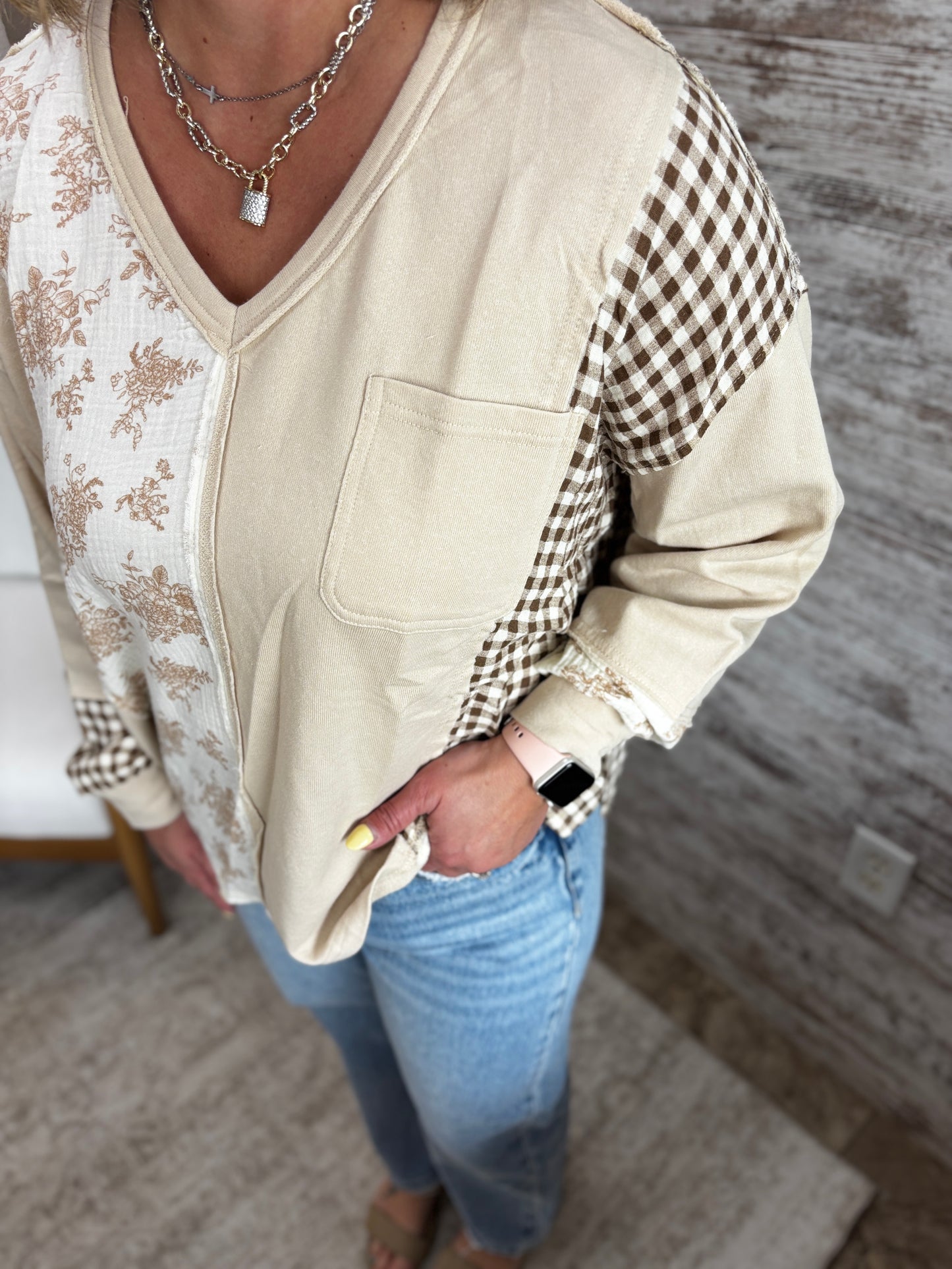 Natural Floral and Checker Mix Long Sleeve