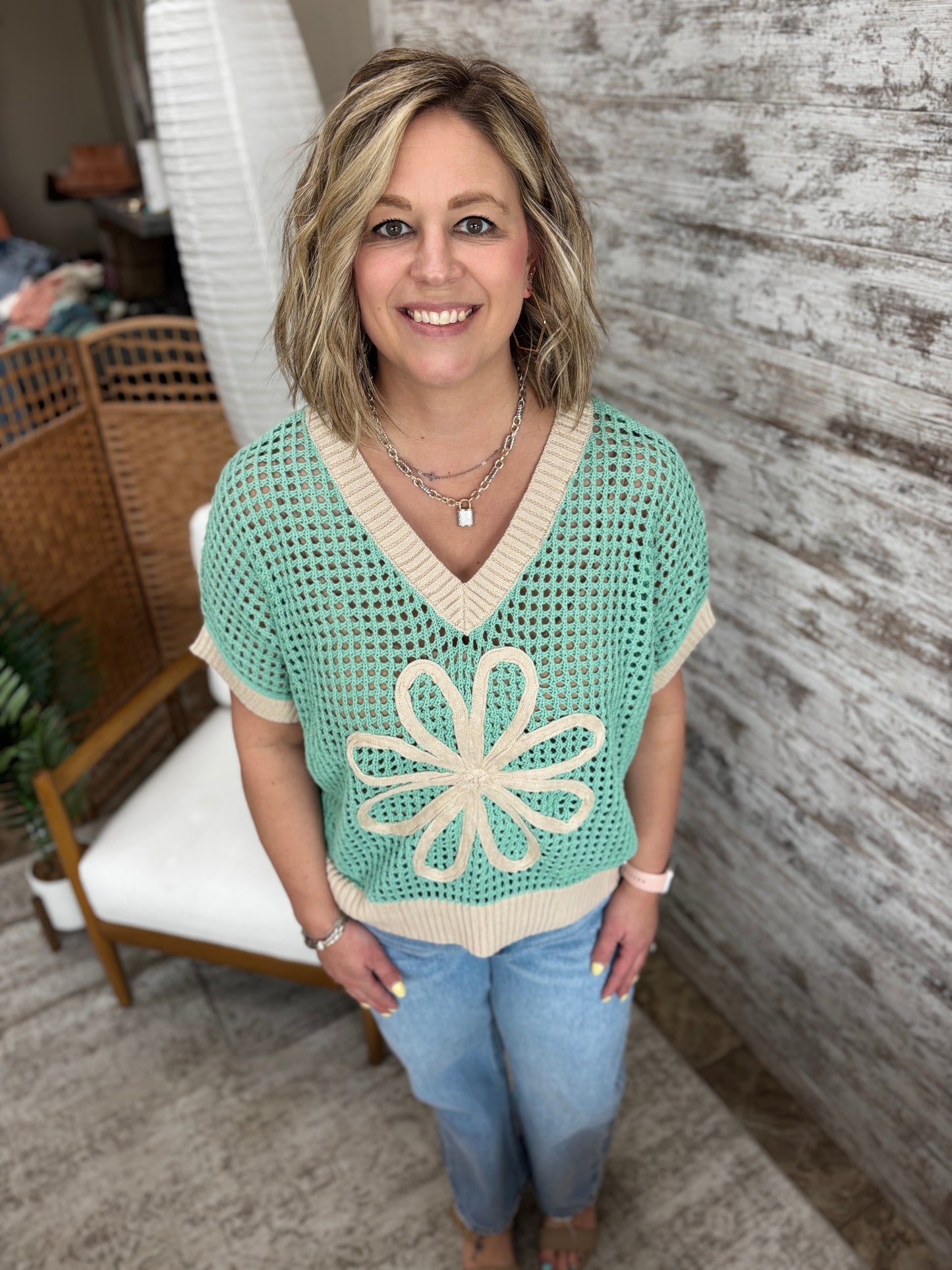 Mint Green Daisy Patch Open Knit Sweater *Restocked*