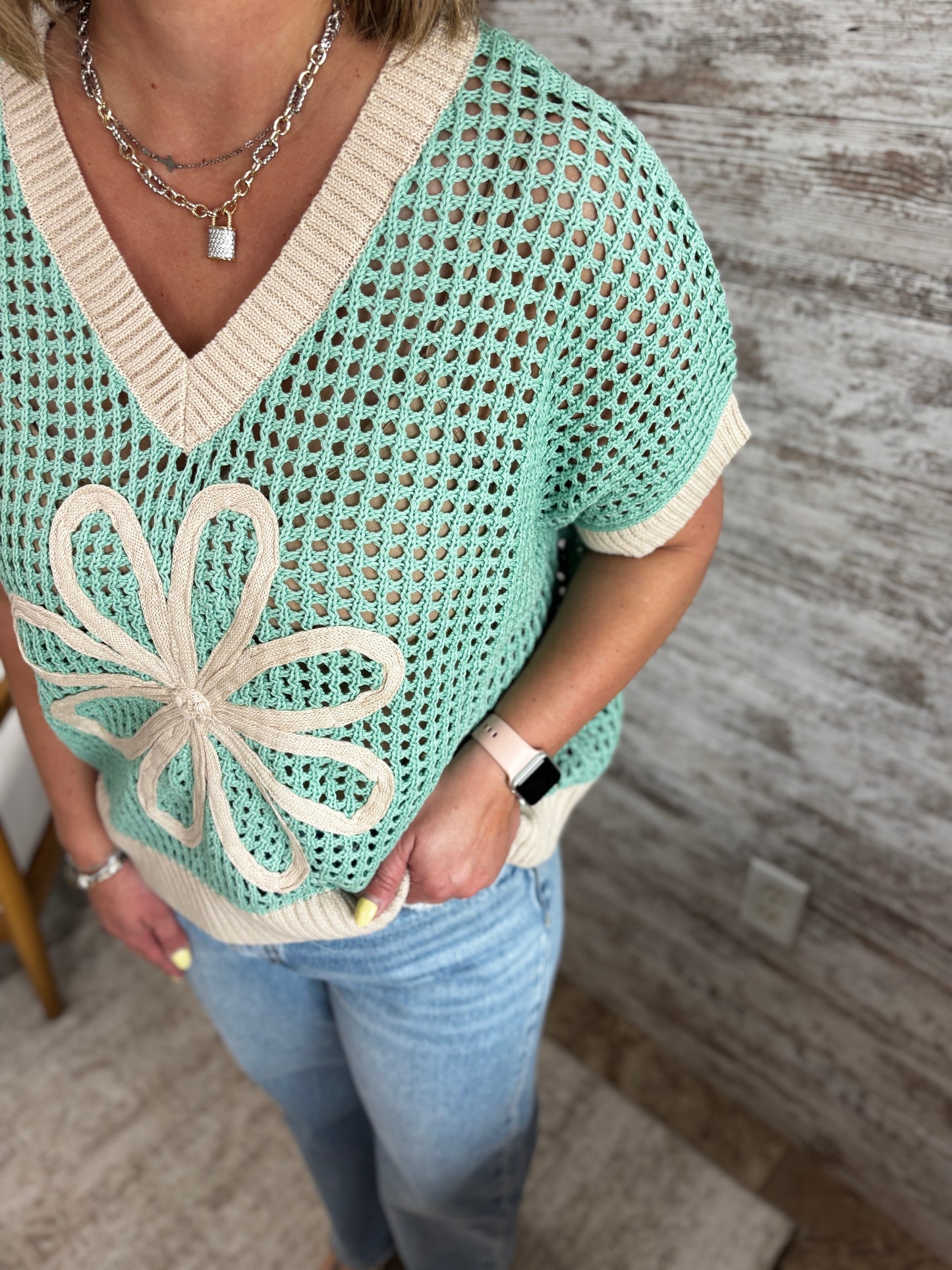 Mint Green Daisy Patch Open Knit Sweater *Restocked*