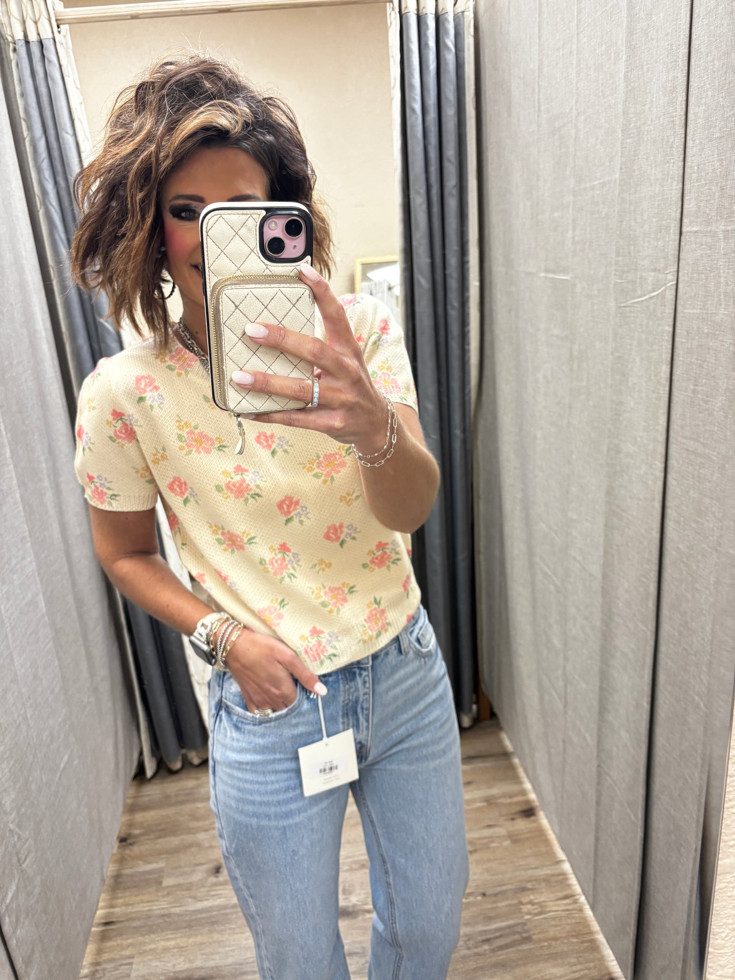Blush Pink Floral Short Sleeve Sweater
