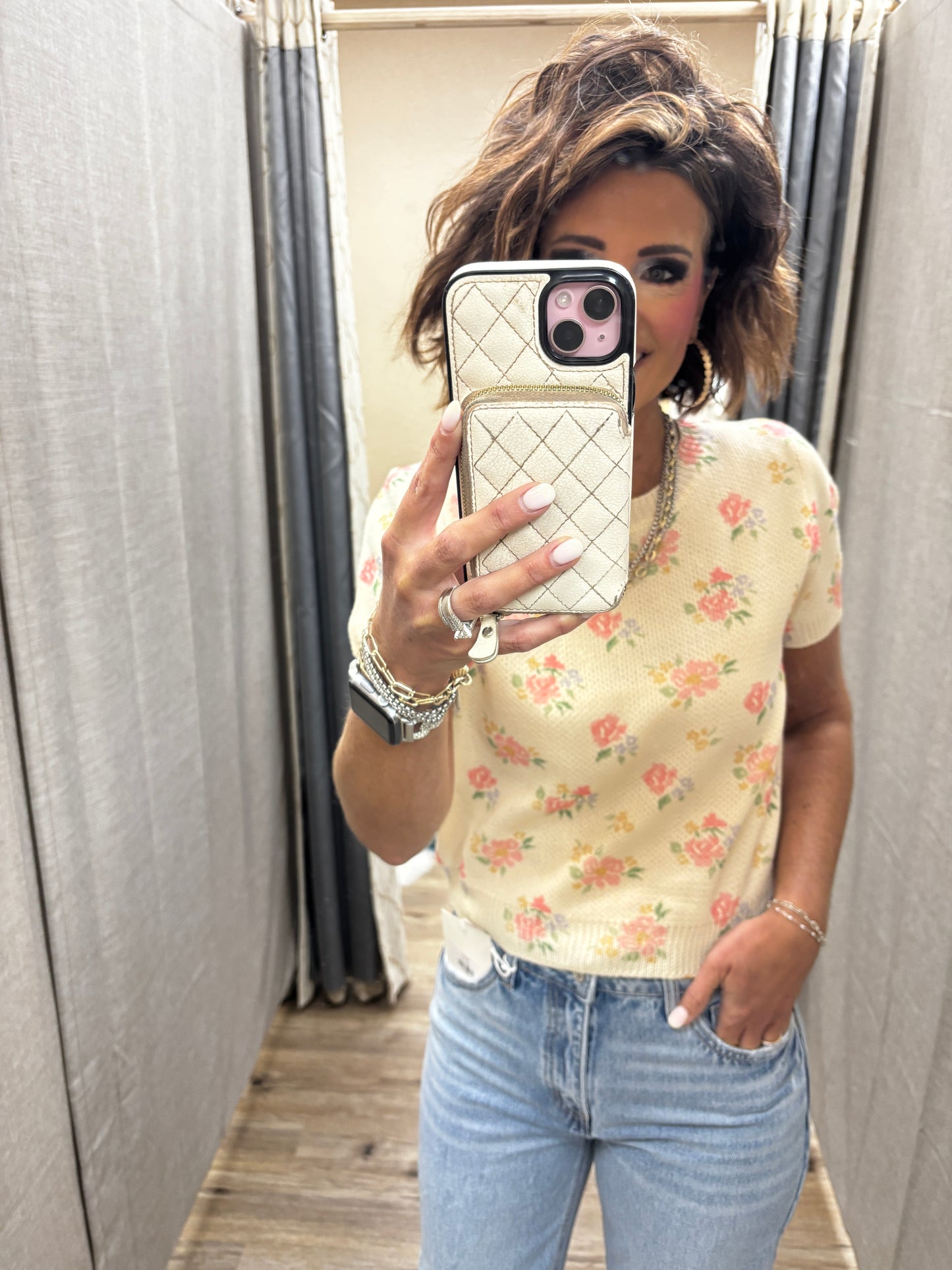 Blush Pink Floral Short Sleeve Sweater