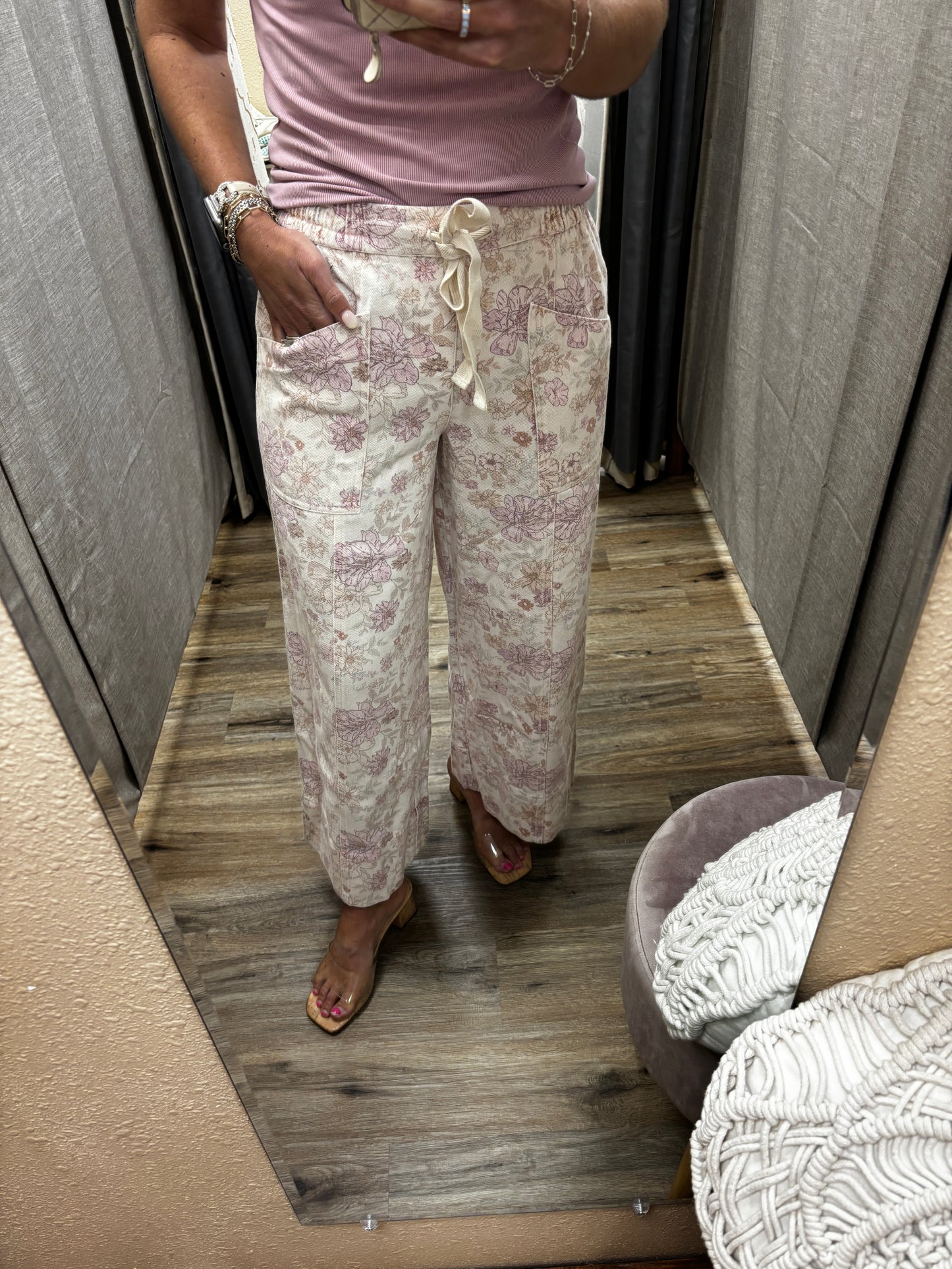 Blush Pink Floral Cotton Twill Elasticized Waist Wide Pants *Restocked*