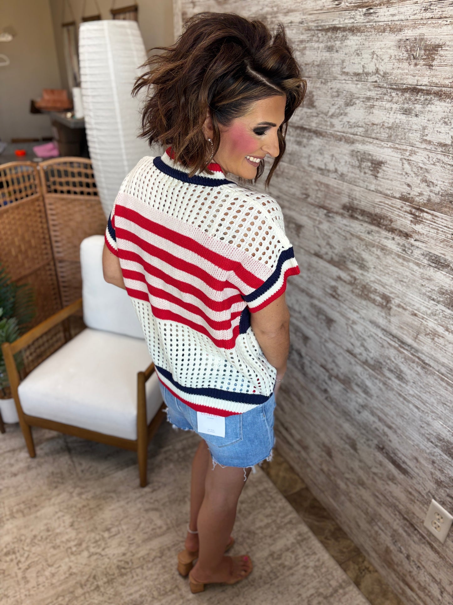 Open Knit Star and Strip Short Sleeve Sweater