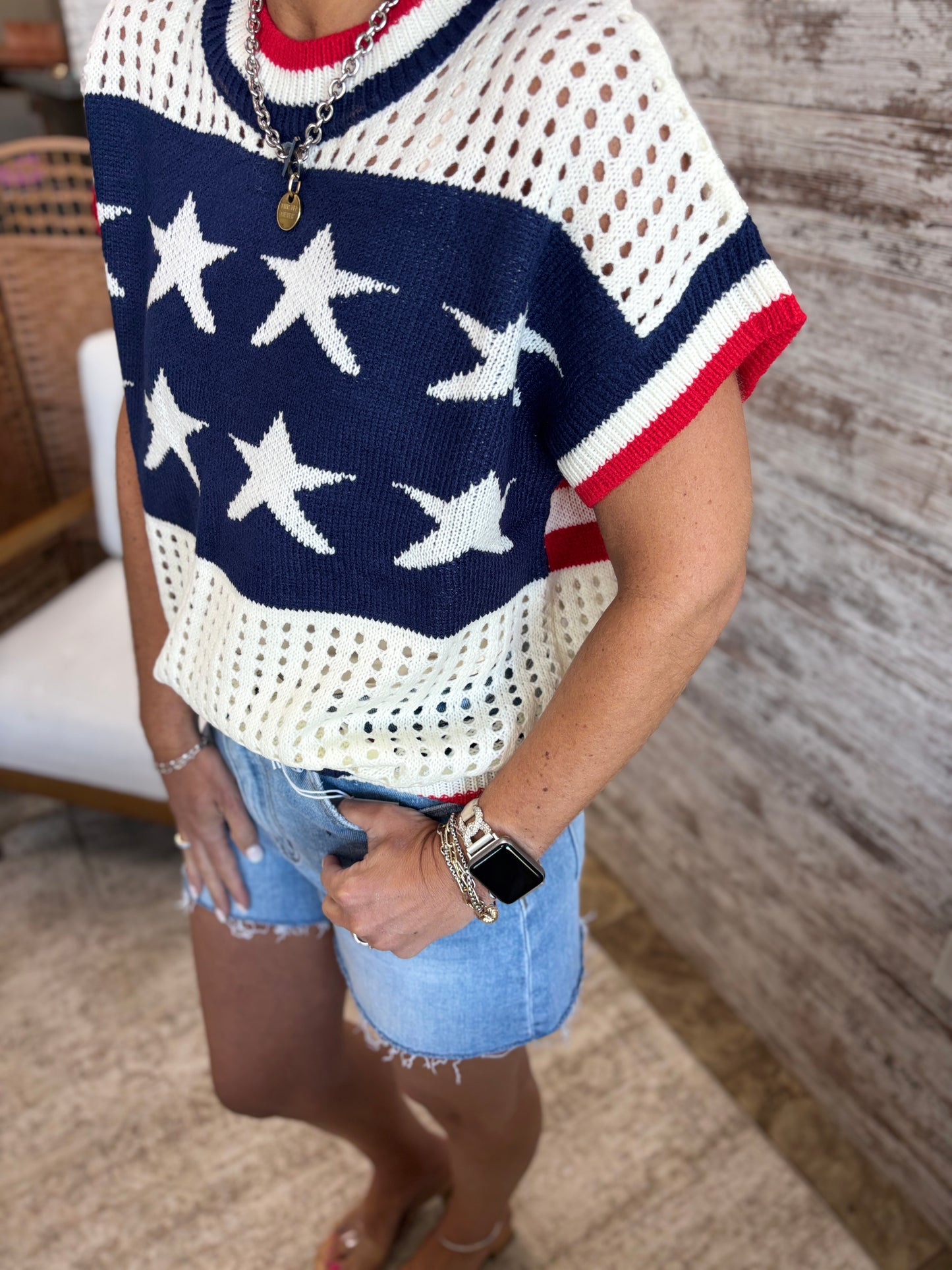 Open Knit Star and Strip Short Sleeve Sweater