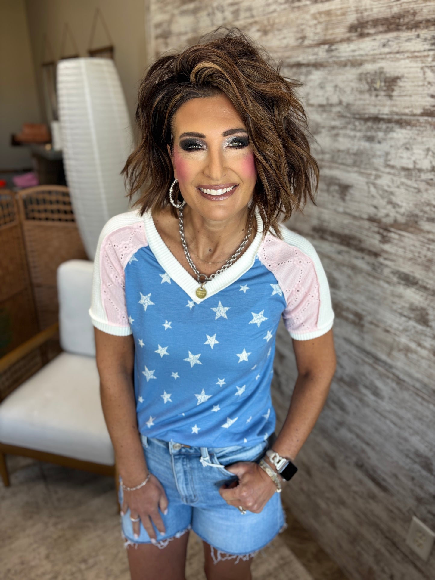Blue and White Star Print Color Block Tee