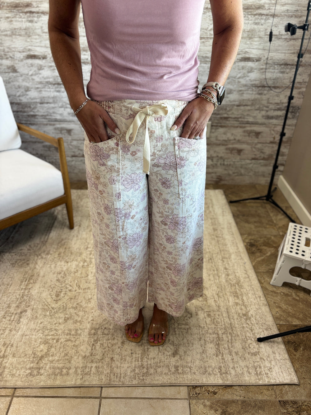 Blush Pink Floral Cotton Twill Elasticized Waist Wide Pants