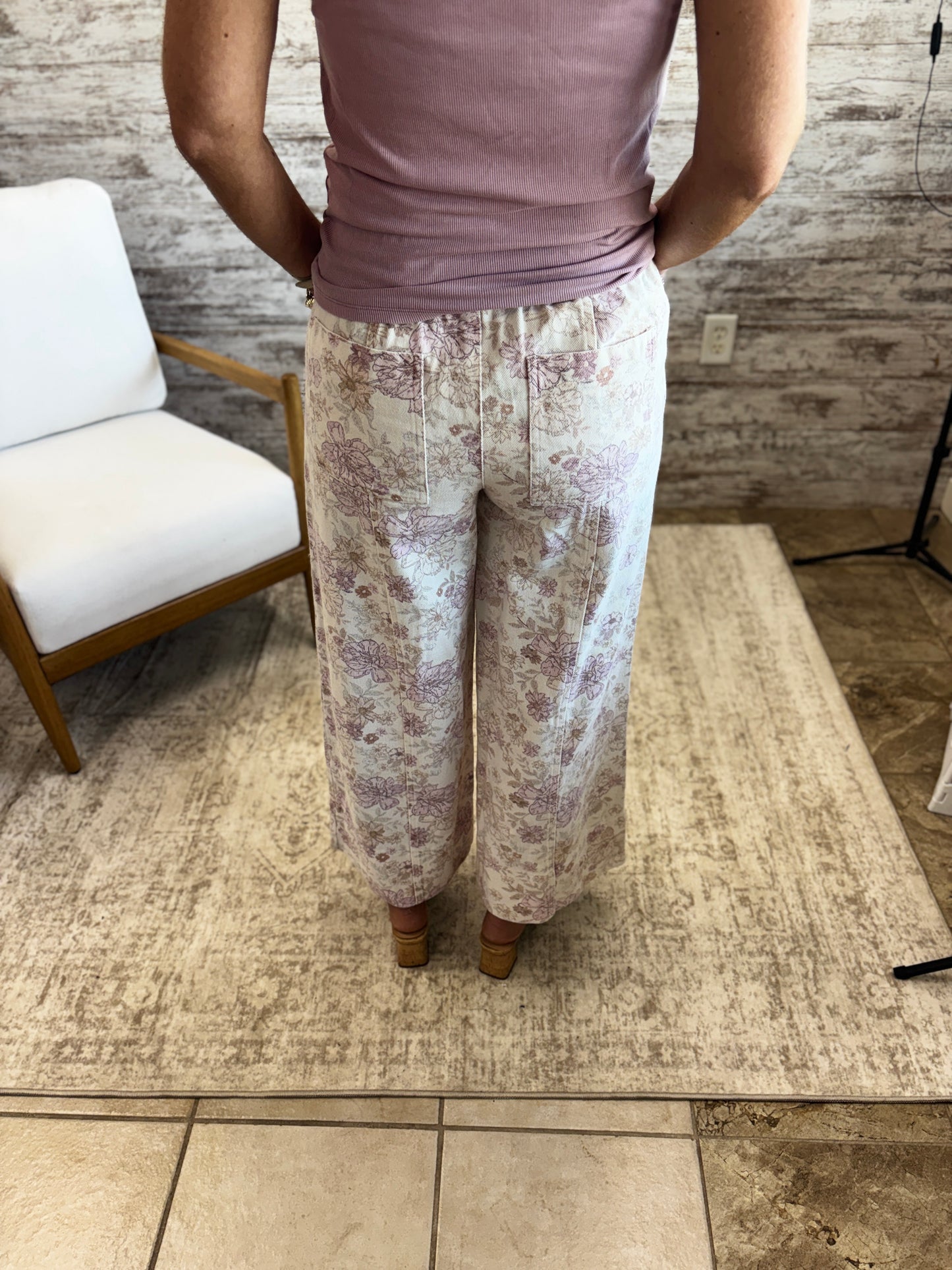 Blush Pink Floral Cotton Twill Elasticized Waist Wide Pants *Restocked*