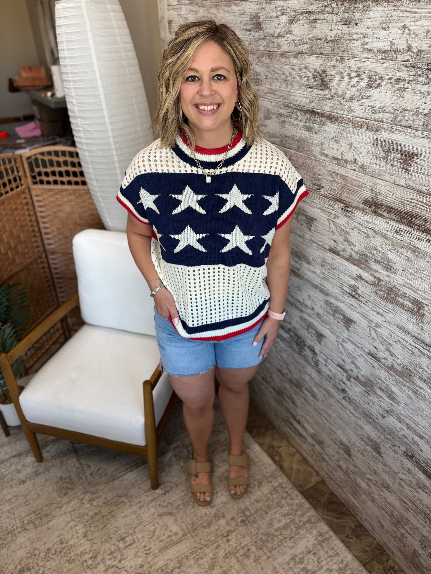 Open Knit Star and Strip Short Sleeve Sweater