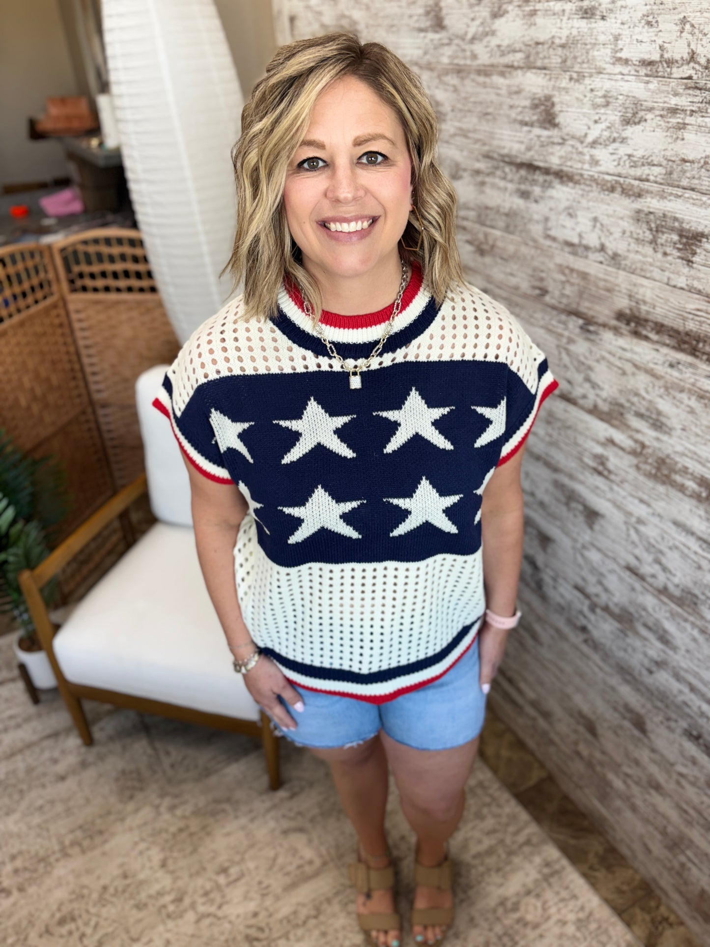 Open Knit Star and Strip Short Sleeve Sweater