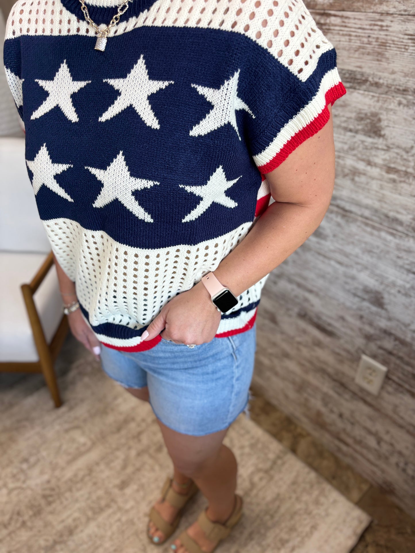 Open Knit Star and Strip Short Sleeve Sweater