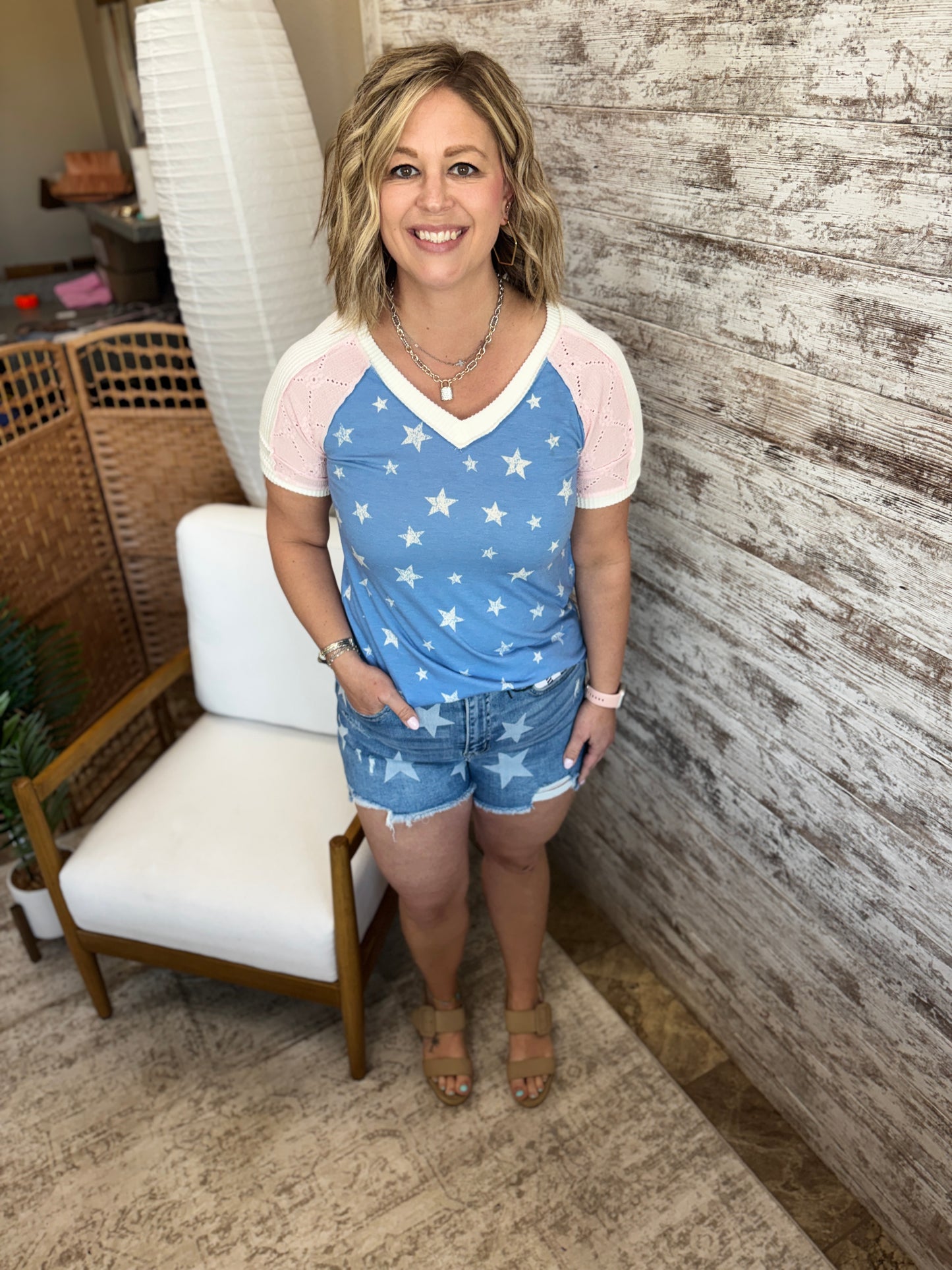Blue and White Star Print Color Block Tee