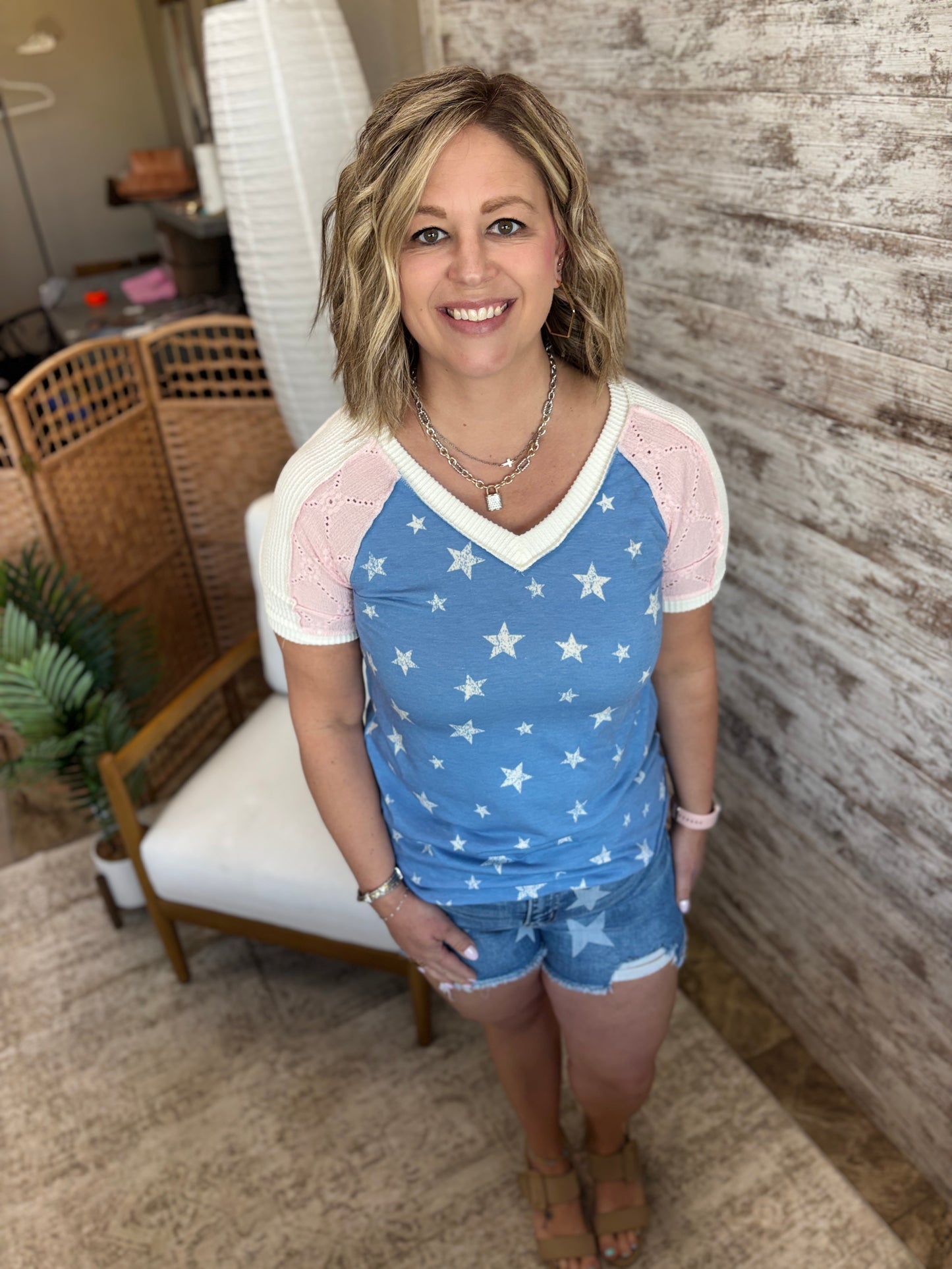 Blue and White Star Print Color Block Tee