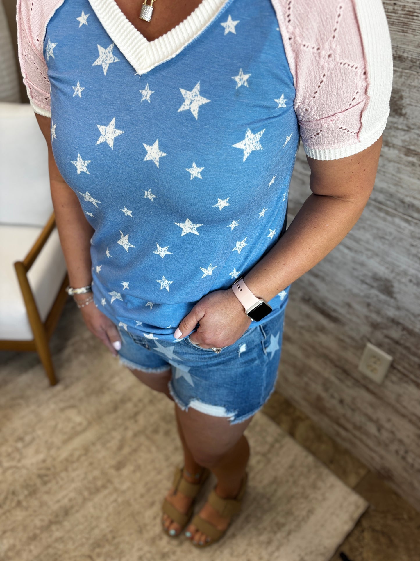 Blue and White Star Print Color Block Tee