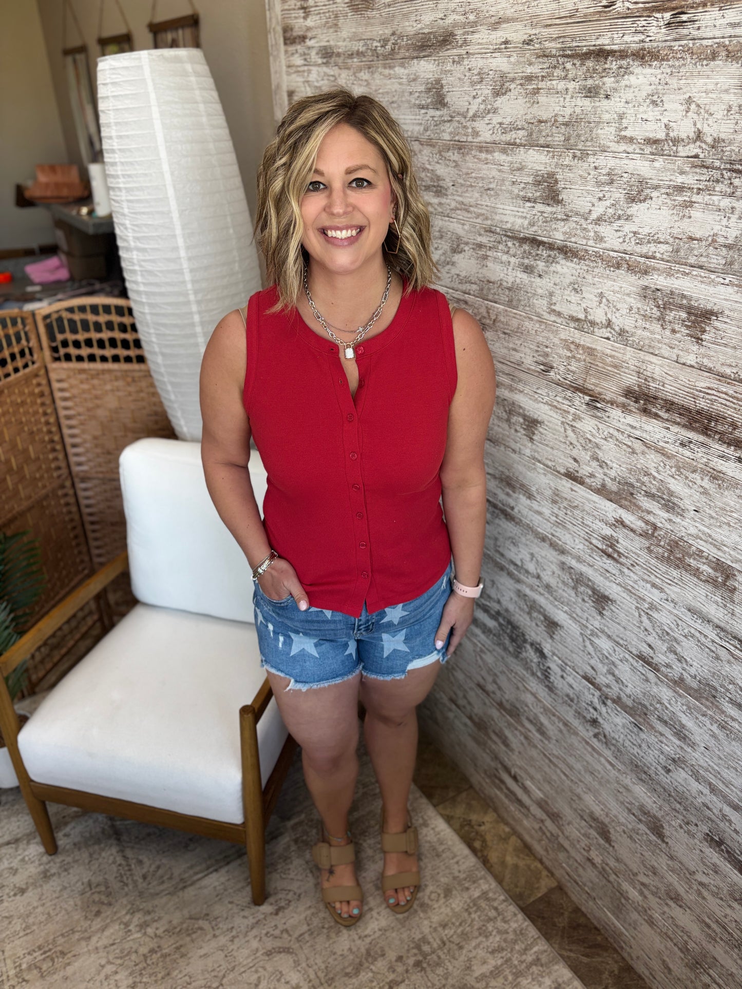 Red Ribbed Button Down Tank