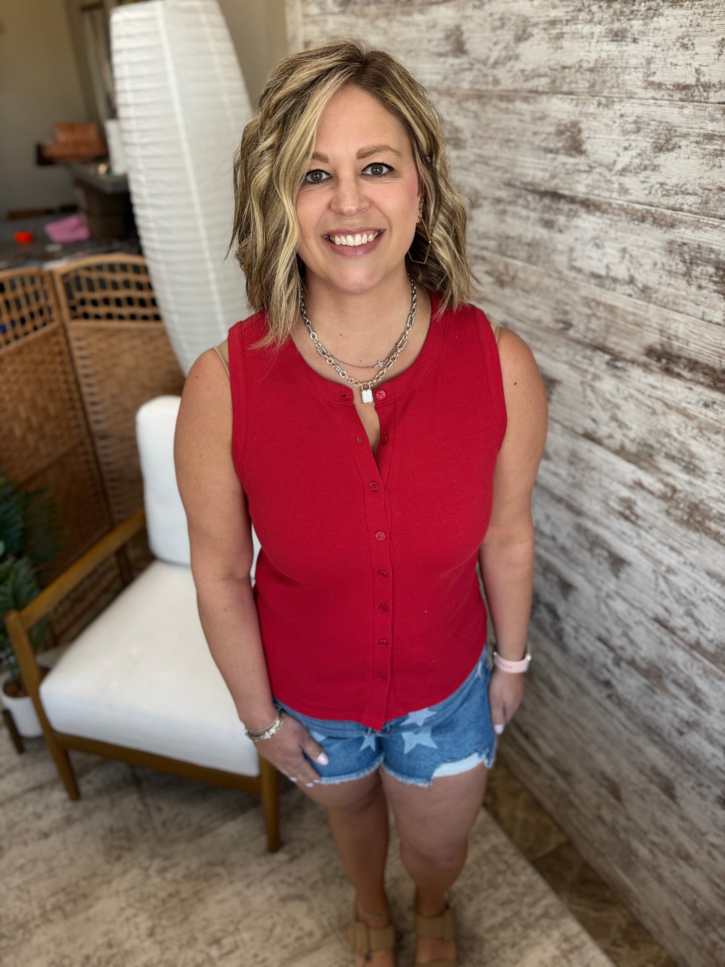Red Ribbed Button Down Tank