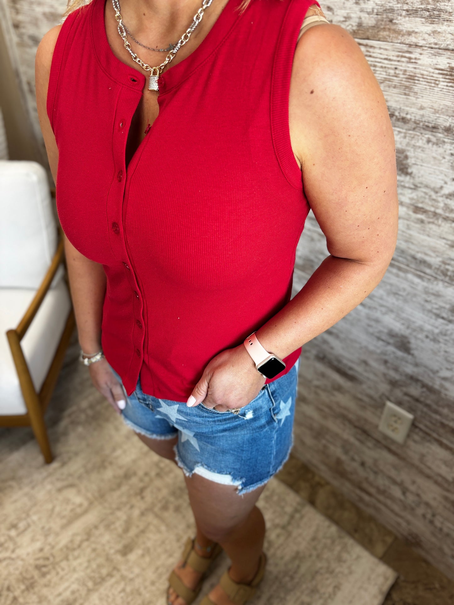 Red Ribbed Button Down Tank