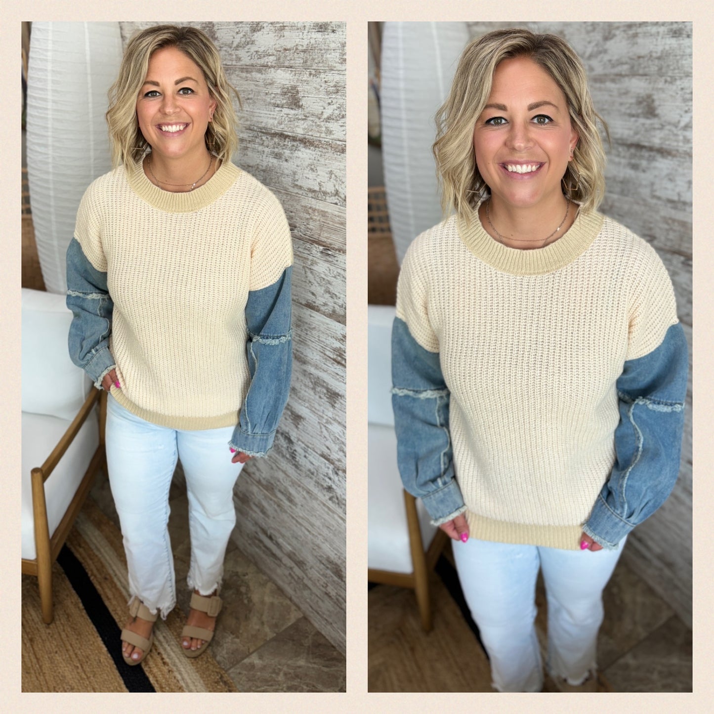 Natural Crewneck Sweater with Denim Sleeves