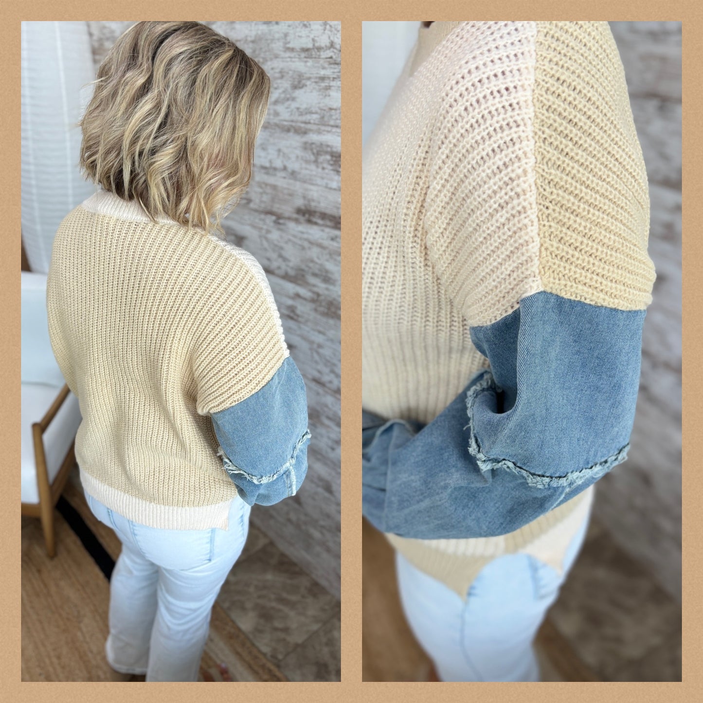 Natural Crewneck Sweater with Denim Sleeves