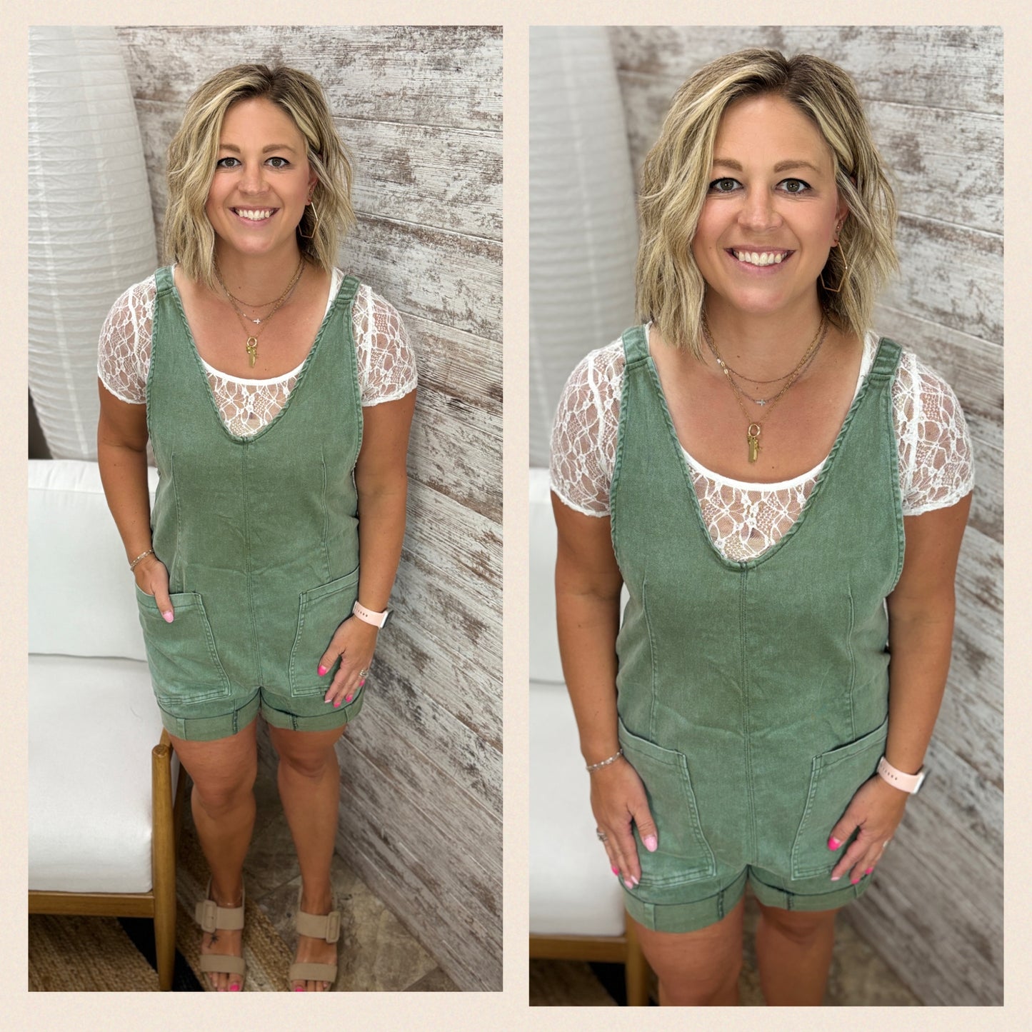 Olive Washed Denim Romper **Restocking**