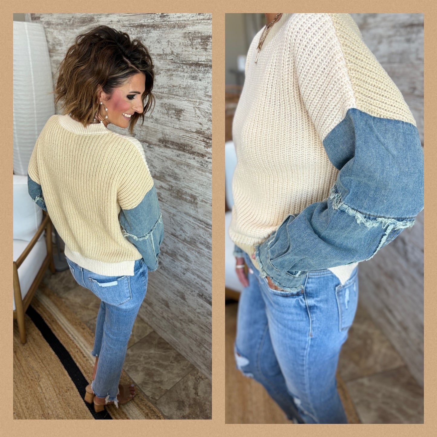 Natural Crewneck Sweater with Denim Sleeves