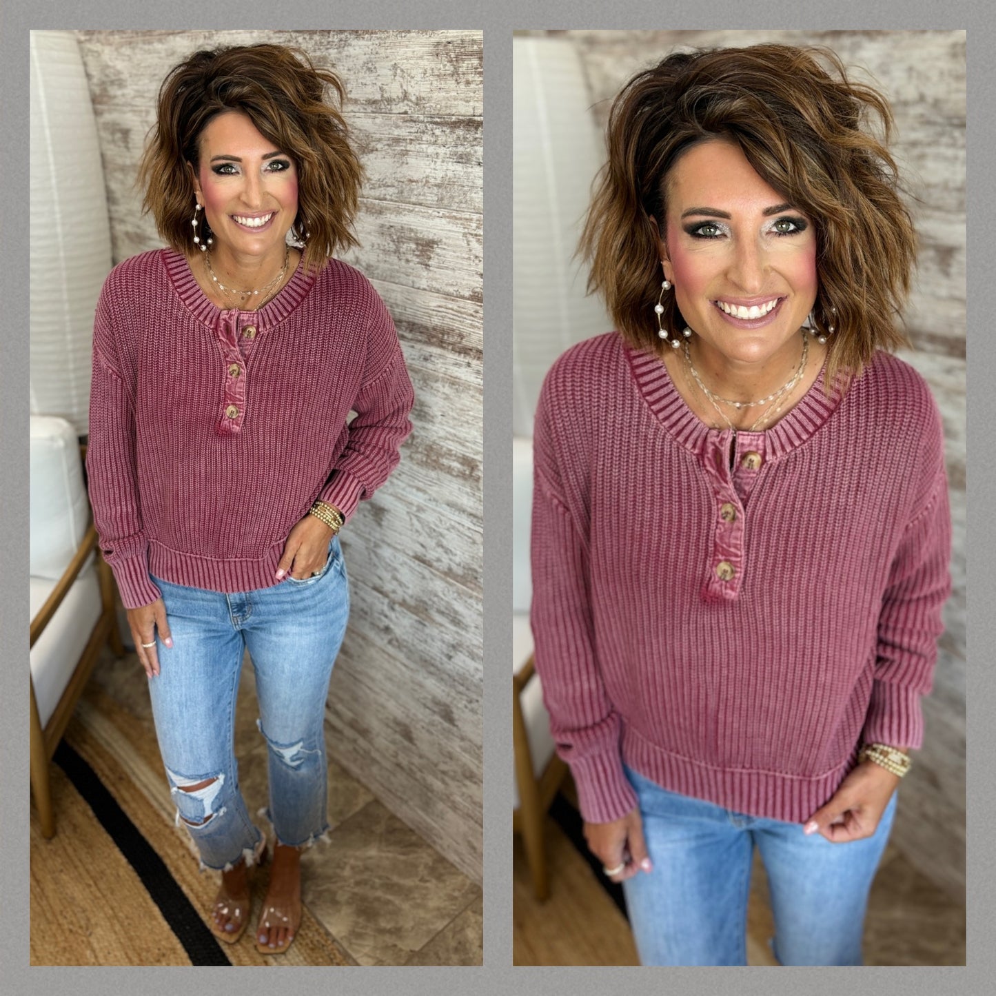 Chunky Knit Washed Henley Sweater~ 2 Colors