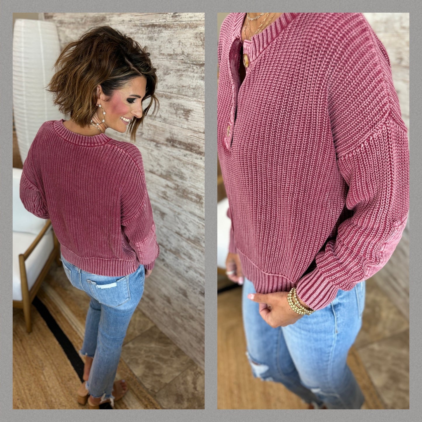 Chunky Knit Washed Henley Sweater~ 2 Colors