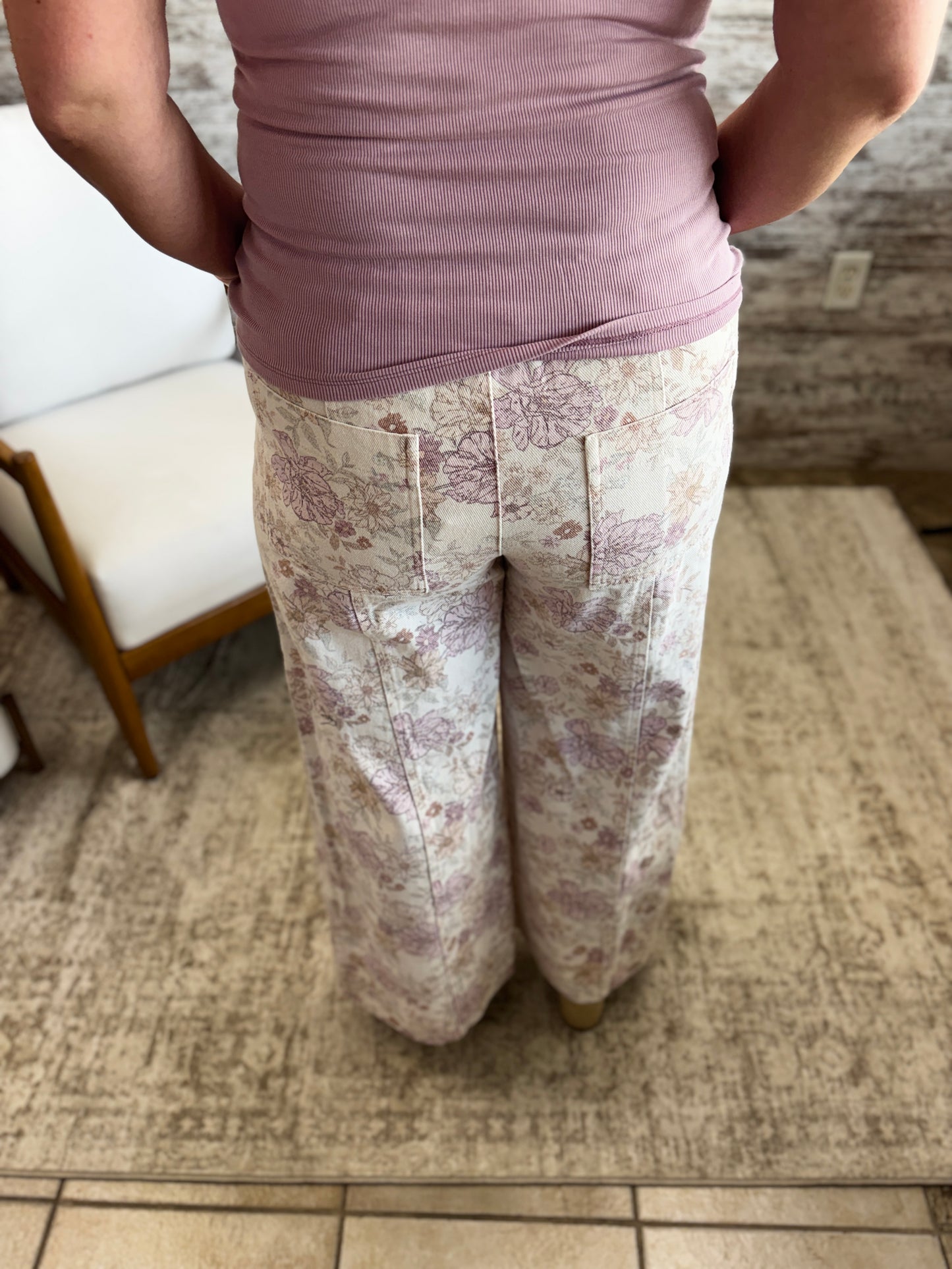 Blush Pink Floral Cotton Twill Elasticized Waist Wide Pants *Restocked*