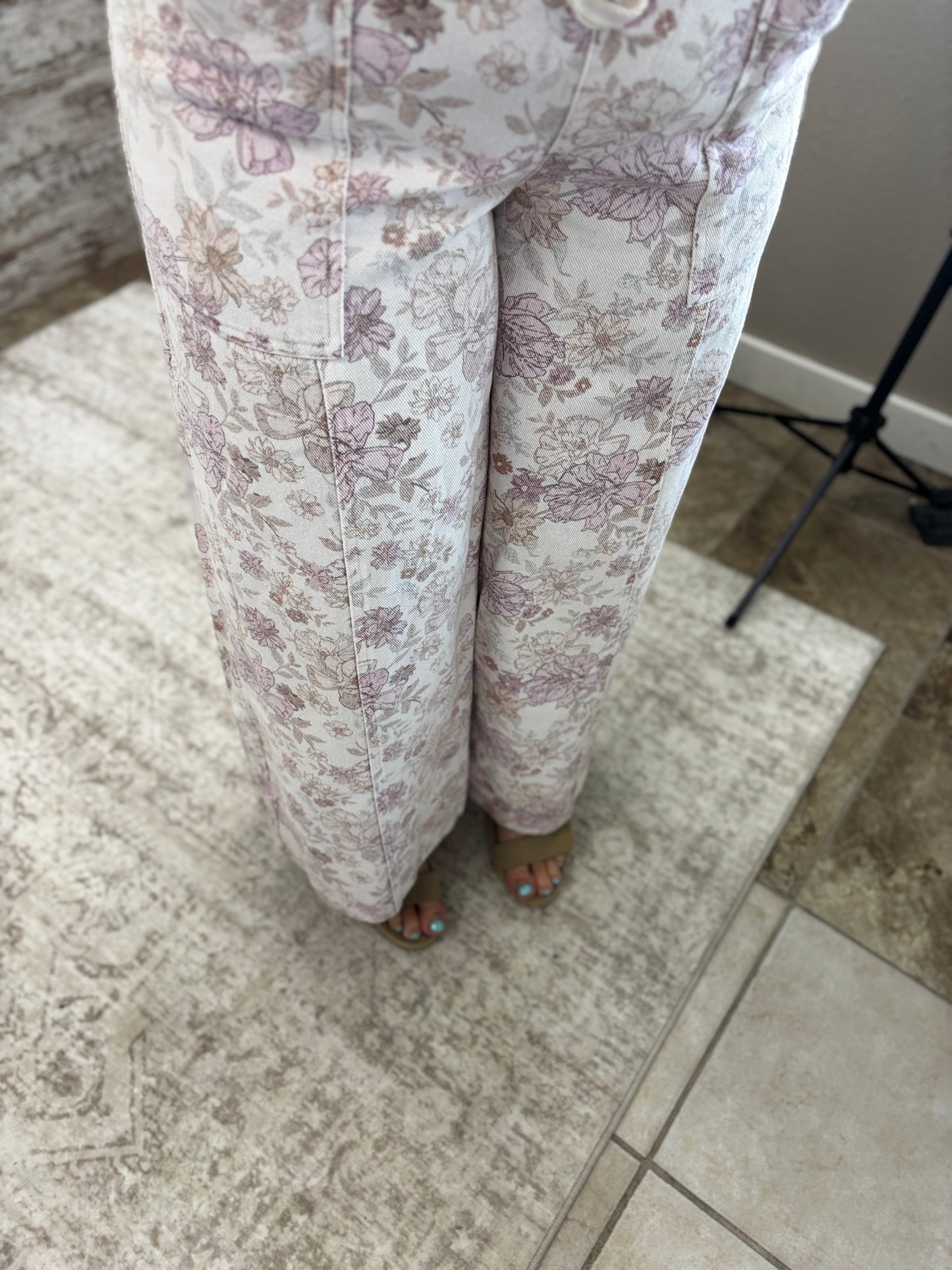 Blush Pink Floral Cotton Twill Elasticized Waist Wide Pants *Restocked*