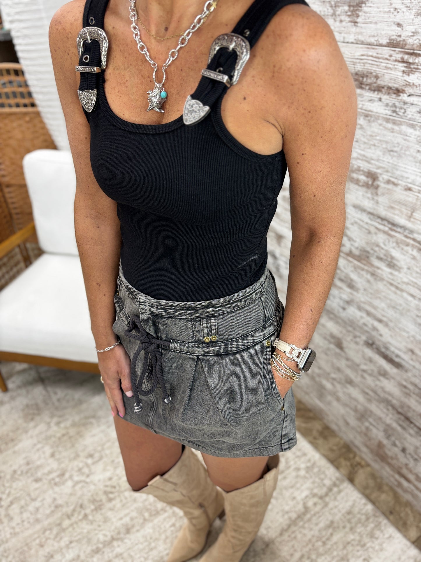 Black Ribbed Western Bodysuit