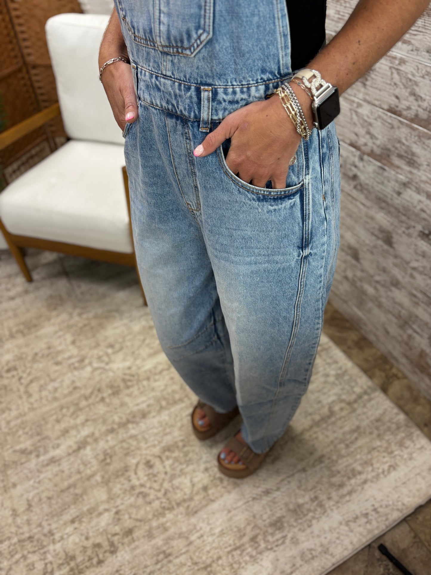 Light Wash Denim Barrel Overalls