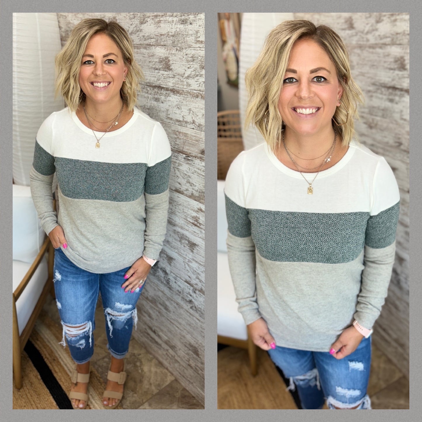 Oatmeal/Heather Green Brushed Color Block Top