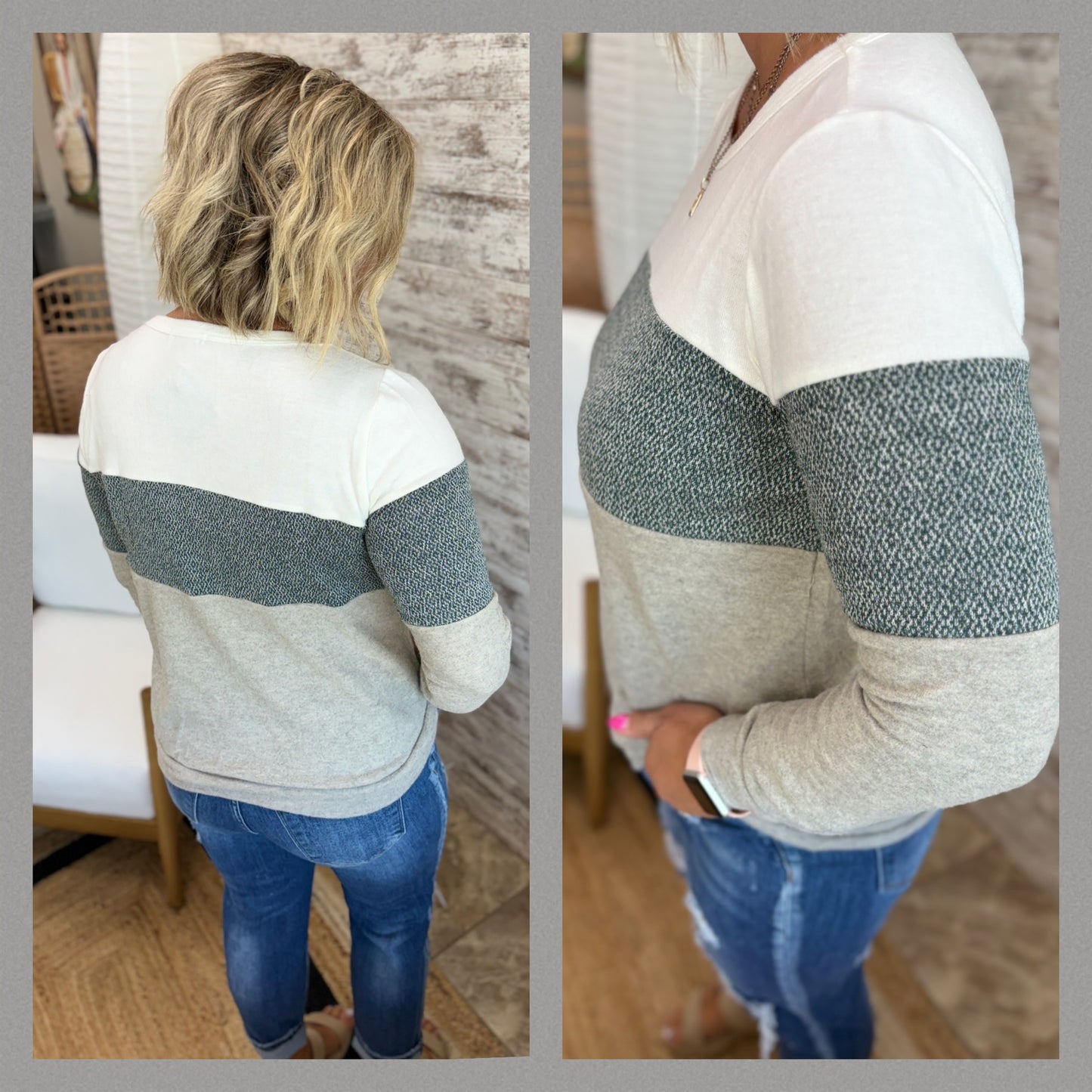 Oatmeal/Heather Green Brushed Color Block Top