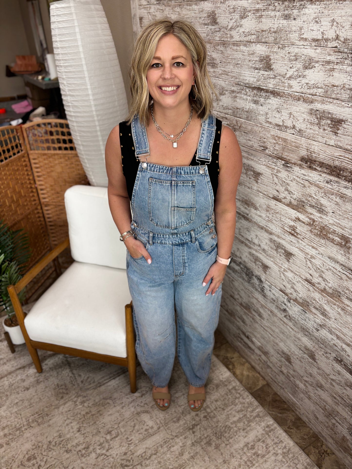 Light Wash Denim Barrel Overalls