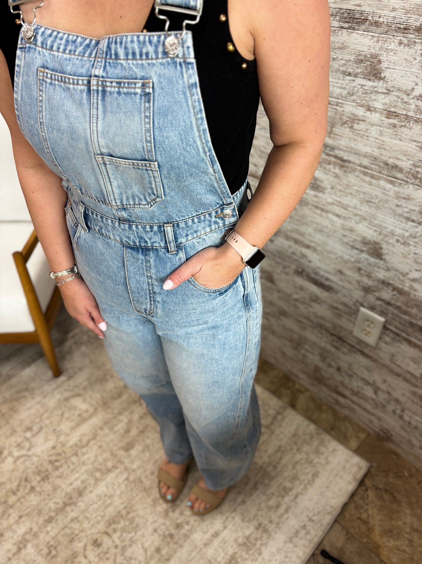 Light Wash Denim Barrel Overalls