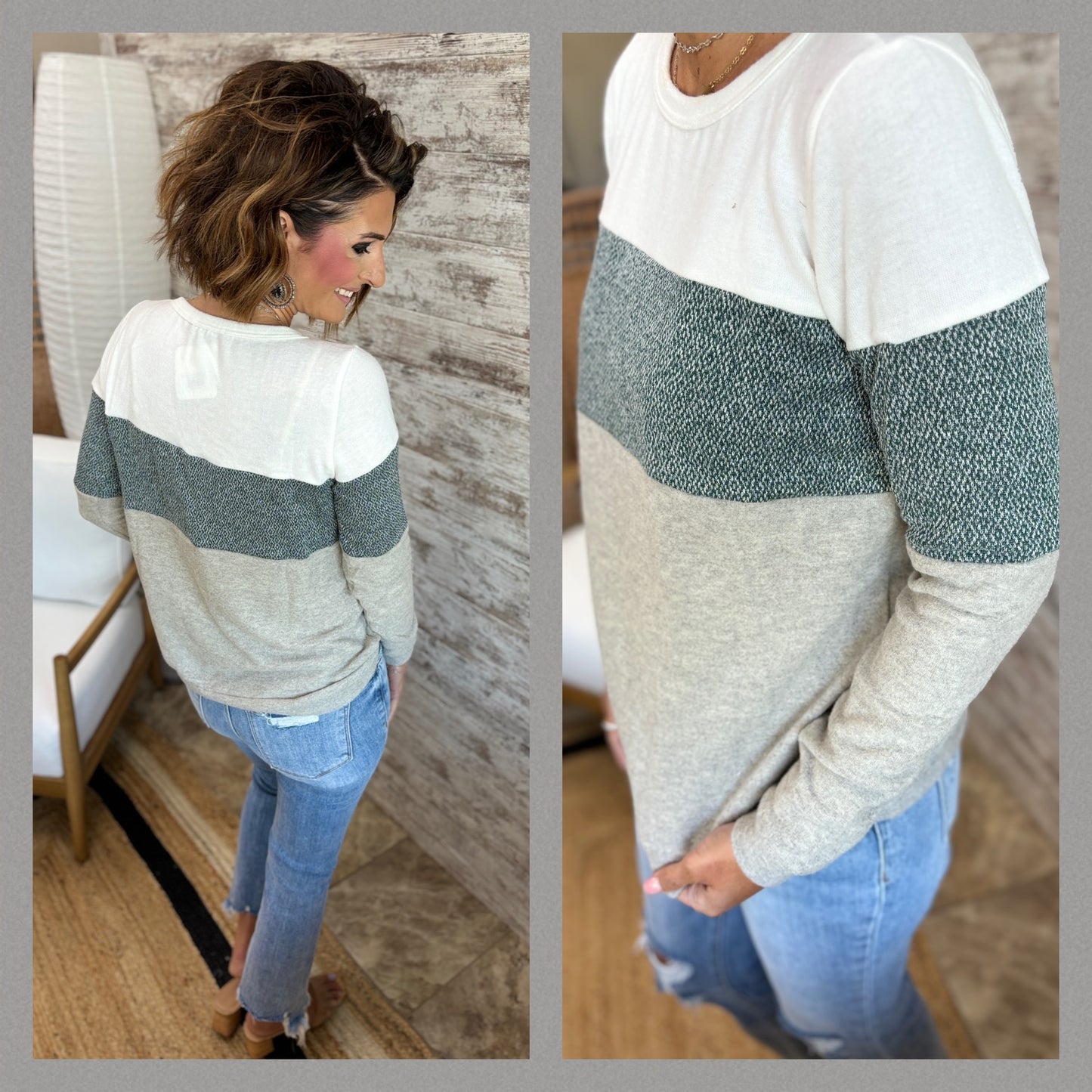 Oatmeal/Heather Green Brushed Color Block Top